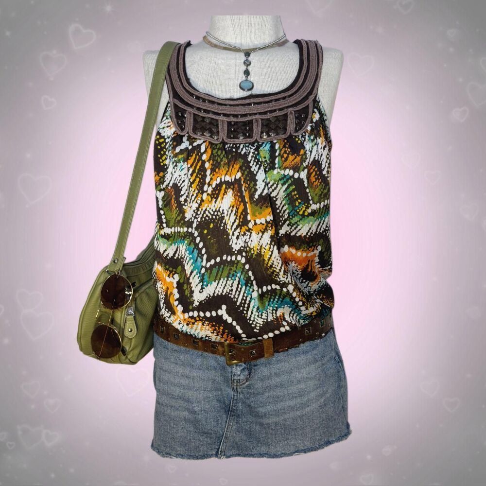 y2k boho abstract multicolor tank top with beaded neckline